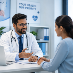 Doctor consulting a patient in a modern healthcare clinic representing healthcare digital marketing, local SEO, website development, and patient lead generation services.